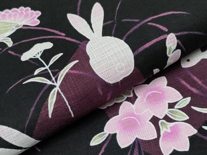 平和屋着物∴夏物 浴衣 兎 草花文 黒地 綿 逸品 CABF2714tx