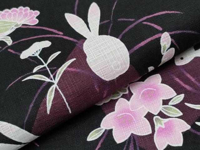 平和屋着物∴夏物 浴衣 兎 草花文 黒地 綿 逸品 CABF2714tx