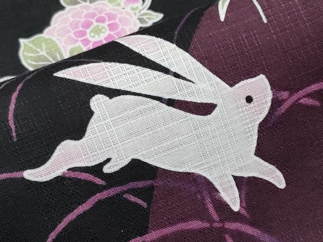 平和屋着物∴夏物 浴衣 兎 草花文 黒地 綿 逸品 CABF2714tx