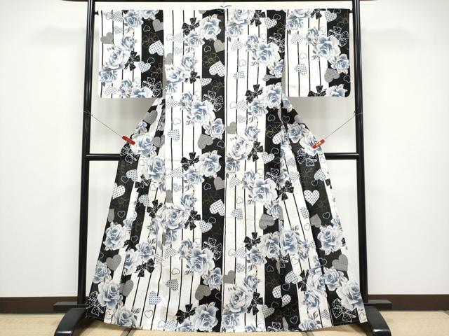 平和屋着物∴夏物 浴衣 南明奈 バラ リボン ハート 金彩 綿 逸品 CABF2715tx