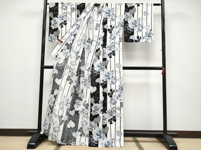 平和屋着物∴夏物 浴衣 南明奈 バラ リボン ハート 金彩 綿 逸品 CABF2715tx