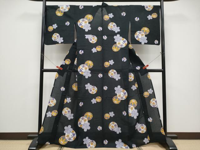 平和屋着物∴夏物 浴衣 鞠花文 黒地 日本製 綿 逸品 CABF2716tx