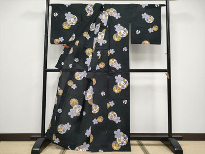 平和屋着物∴夏物 浴衣 鞠花文 黒地 日本製 綿 逸品 CABF2716tx