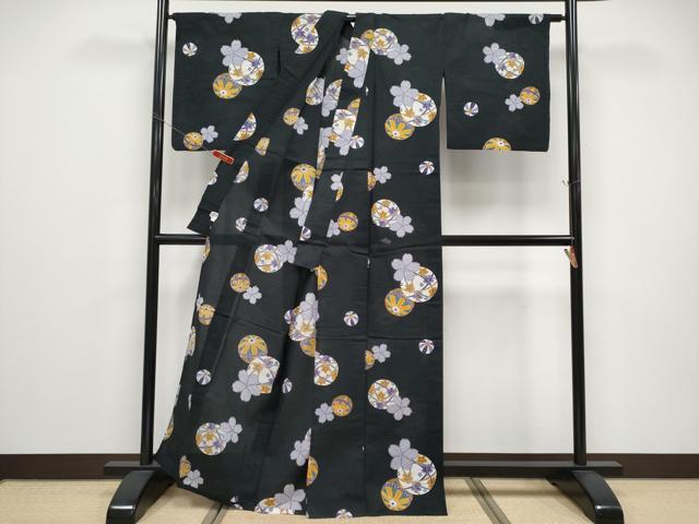 平和屋着物∴夏物 浴衣 鞠花文 黒地 日本製 綿 逸品 CABF2716tx