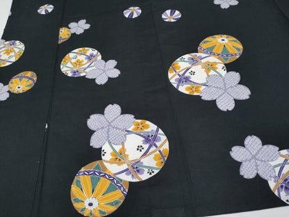 平和屋着物∴夏物 浴衣 鞠花文 黒地 日本製 綿 逸品 CABF2716tx