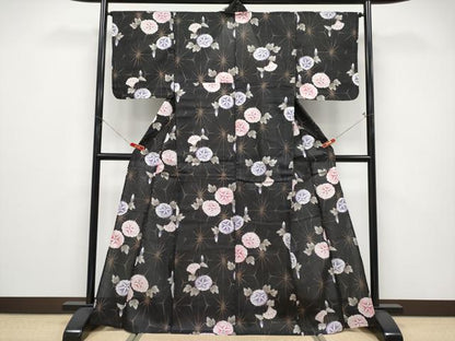 平和屋着物∴夏物 浴衣 綿紅梅 朝顔 黒地 綿 逸品 CABF2734tx