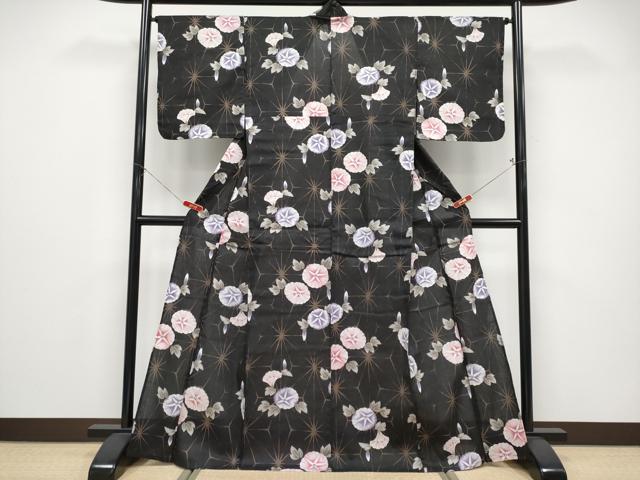 平和屋着物∴夏物 浴衣 綿紅梅 朝顔 黒地 綿 逸品 CABF2734tx