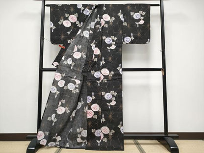 平和屋着物∴夏物 浴衣 綿紅梅 朝顔 黒地 綿 逸品 CABF2734tx
