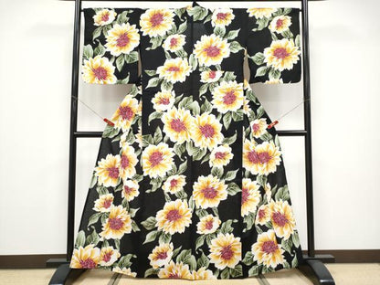 平和屋着物∴夏物 浴衣 綿紅梅 舞花文 黒地 綿 逸品 CABF2739tx