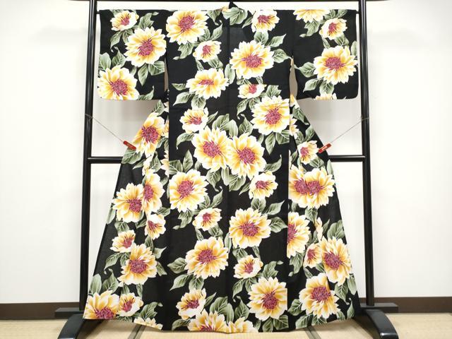 平和屋着物∴夏物 浴衣 綿紅梅 舞花文 黒地 綿 逸品 CABF2739tx