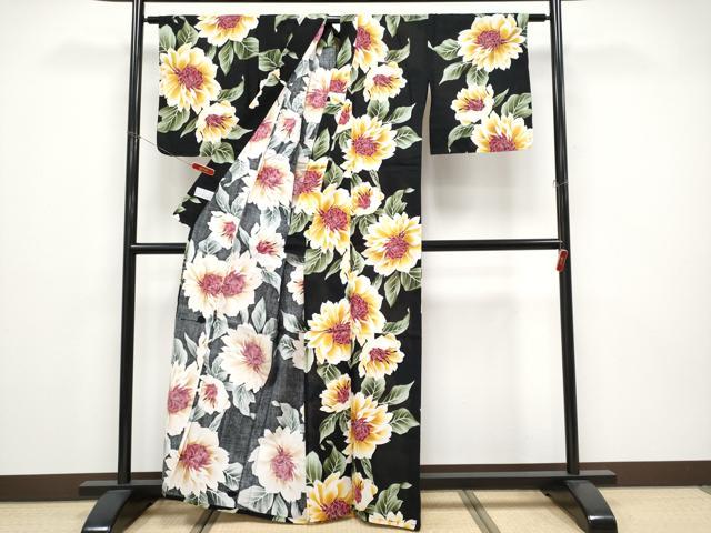 平和屋着物∴夏物 浴衣 綿紅梅 舞花文 黒地 綿 逸品 CABF2739tx