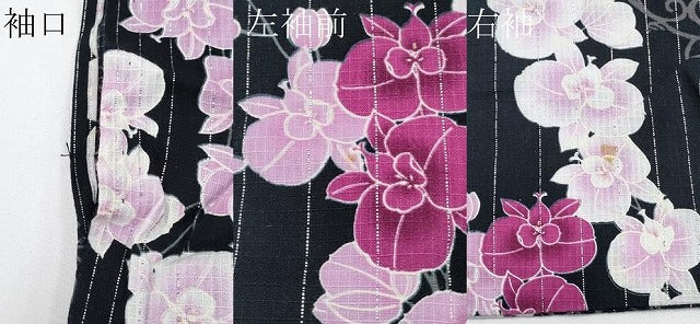 平和屋着物∴夏物 浴衣 綿紅梅 胡蝶蘭 黒地 銀糸 綿 逸品 CABF2740tx