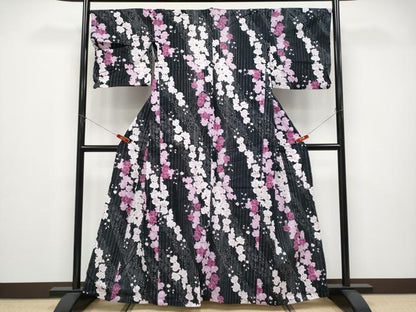平和屋着物∴夏物 浴衣 綿紅梅 胡蝶蘭 黒地 銀糸 綿 逸品 CABF2740tx