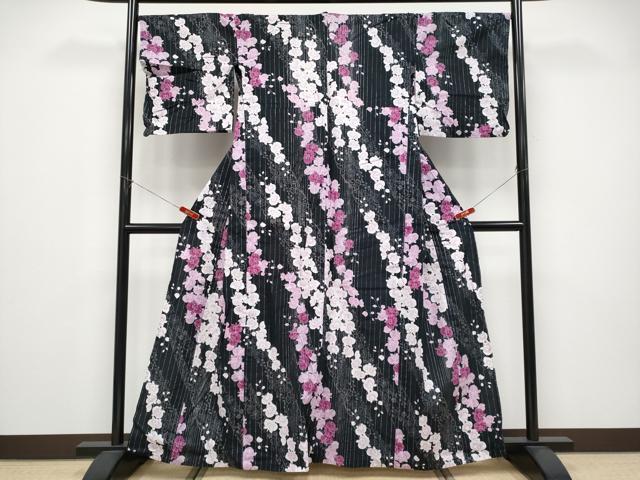 平和屋着物∴夏物 浴衣 綿紅梅 胡蝶蘭 黒地 銀糸 綿 逸品 CABF2740tx