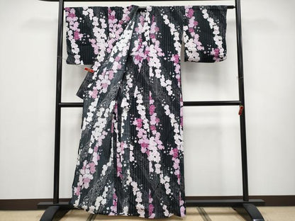 平和屋着物∴夏物 浴衣 綿紅梅 胡蝶蘭 黒地 銀糸 綿 逸品 CABF2740tx