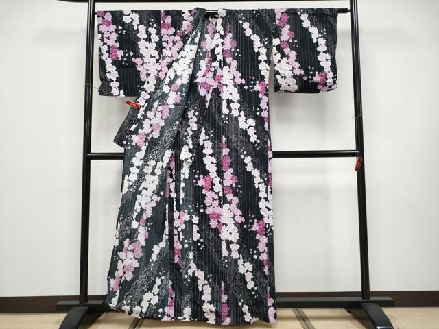 平和屋着物∴夏物 浴衣 綿紅梅 胡蝶蘭 黒地 銀糸 綿 逸品 CABF2740tx