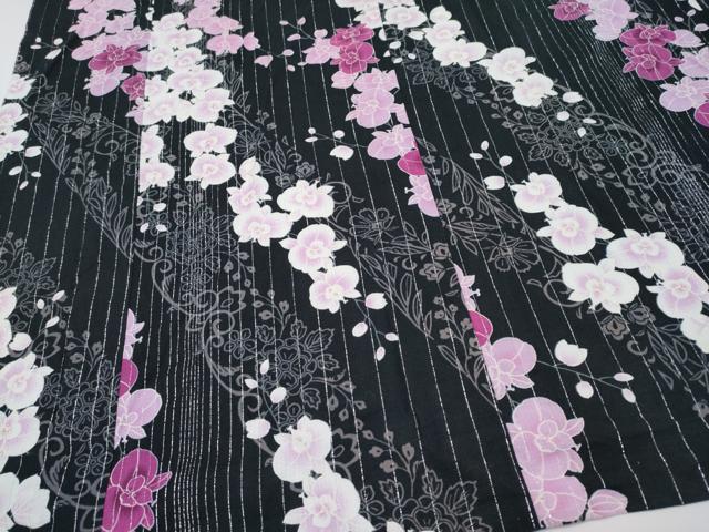 平和屋着物∴夏物 浴衣 綿紅梅 胡蝶蘭 黒地 銀糸 綿 逸品 CABF2740tx