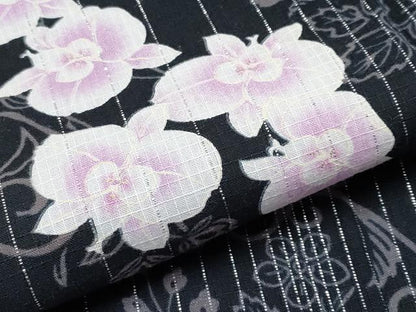 平和屋着物∴夏物 浴衣 綿紅梅 胡蝶蘭 黒地 銀糸 綿 逸品 CABF2740tx