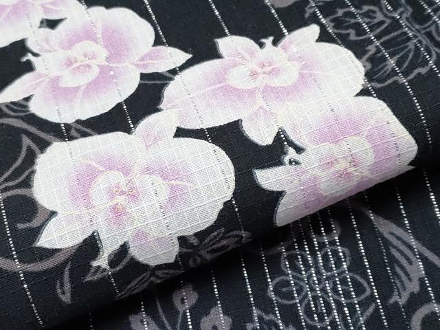 平和屋着物∴夏物 浴衣 綿紅梅 胡蝶蘭 黒地 銀糸 綿 逸品 CABF2740tx