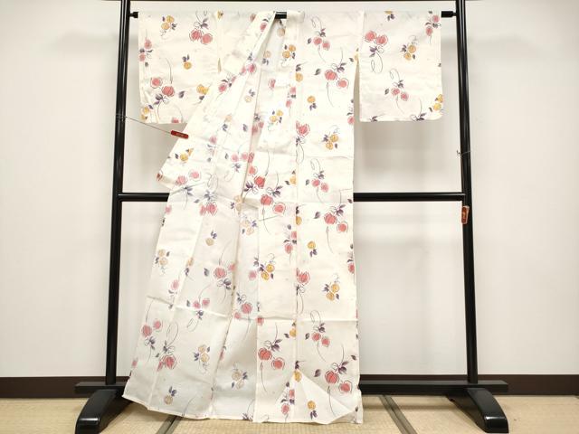 平和屋着物∴夏物 浴衣 綿絽 縦絽 鬼灯 生成り色 綿 逸品 CABF2747tx