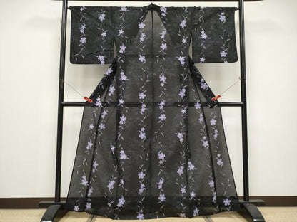 平和屋着物∴夏物　浴衣　綿絽　枝桜文　黒地　綿　逸品　CABF2752tx