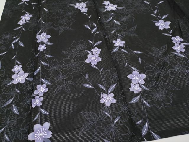 平和屋着物∴夏物　浴衣　綿絽　枝桜文　黒地　綿　逸品　CABF2752tx