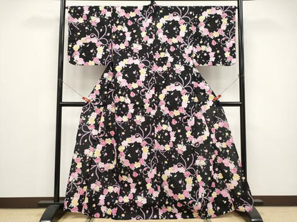 平和屋着物∴夏物 浴衣 花丸文 黒地 綿 逸品 CABF2756tx