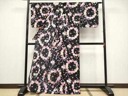 平和屋着物∴夏物 浴衣 花丸文 黒地 綿 逸品 CABF2756tx