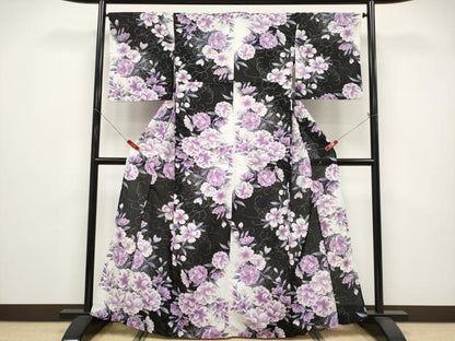 平和屋着物∴夏物 小紋・浴衣兼用 紅梅 舞花文 黒地 銀彩 洗える着物 CABF2758tx