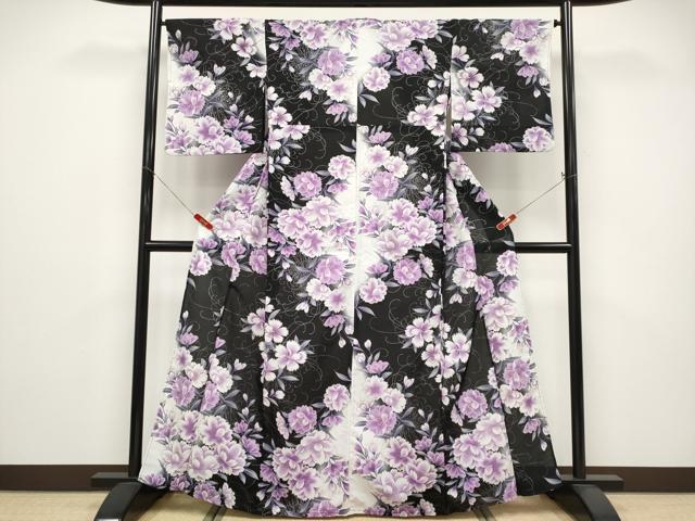 平和屋着物∴夏物 小紋・浴衣兼用 紅梅 舞花文 黒地 銀彩 洗える着物 CABF2758tx