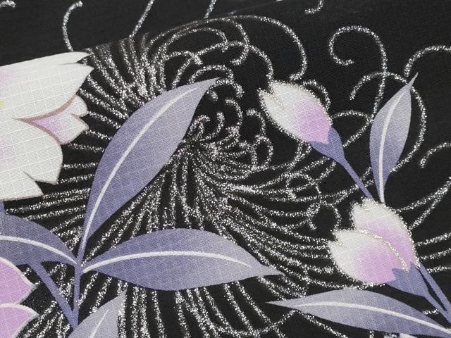平和屋着物∴夏物 小紋・浴衣兼用 紅梅 舞花文 黒地 銀彩 洗える着物 CABF2758tx