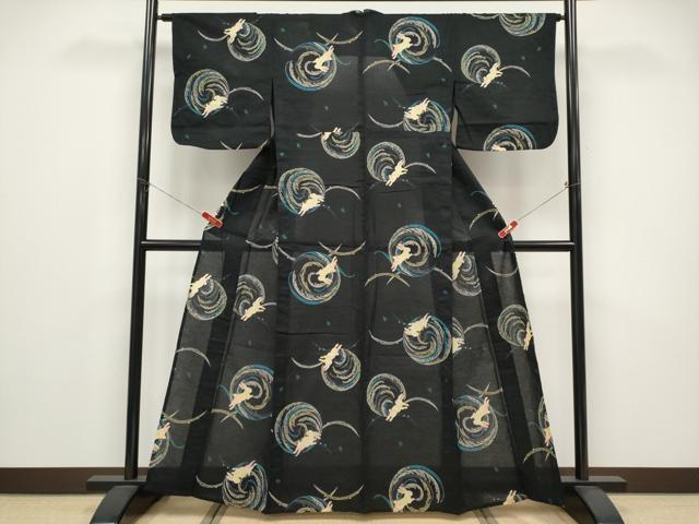 平和屋着物∴夏物　浴衣　綿紅梅　跳兎　黒地　綿　逸品　CABF2765tx