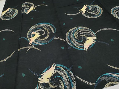 平和屋着物∴夏物　浴衣　綿紅梅　跳兎　黒地　綿　逸品　CABF2765tx