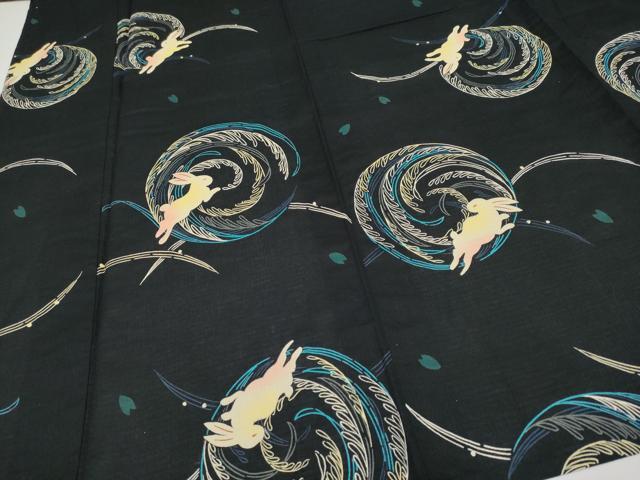 平和屋着物∴夏物　浴衣　綿紅梅　跳兎　黒地　綿　逸品　CABF2765tx