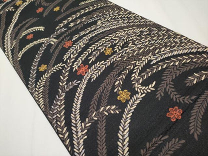 平和屋着物●六通柄袋帯　唐織　草花文　黒地　正絹　逸品　CABF2783tx