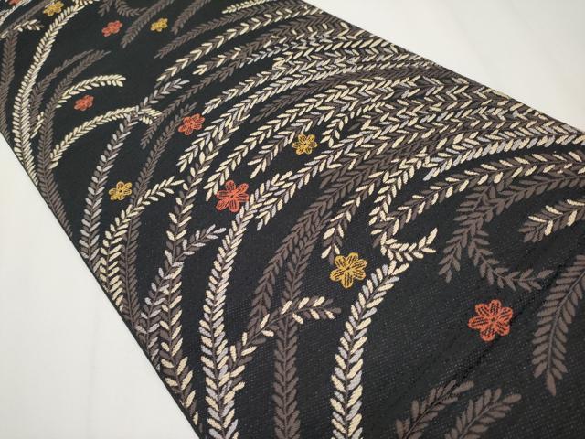 平和屋着物●六通柄袋帯　唐織　草花文　黒地　正絹　逸品　CABF2783tx