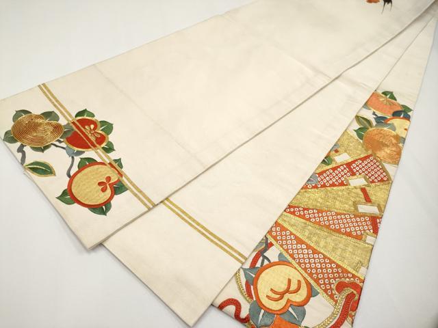 平和屋着物●アンティーク　大正ロマン　爪掻き本綴れ　丸帯　総刺繍　駒刺繍　檜扇橘文　金糸　正絹　逸品　CABF2786tx