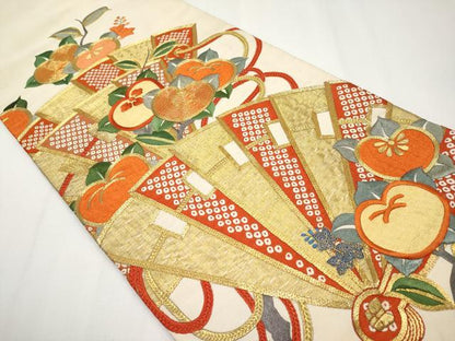 平和屋着物●アンティーク　大正ロマン　爪掻き本綴れ　丸帯　総刺繍　駒刺繍　檜扇橘文　金糸　正絹　逸品　CABF2786tx