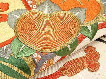平和屋着物●アンティーク　大正ロマン　爪掻き本綴れ　丸帯　総刺繍　駒刺繍　檜扇橘文　金糸　正絹　逸品　CABF2786tx