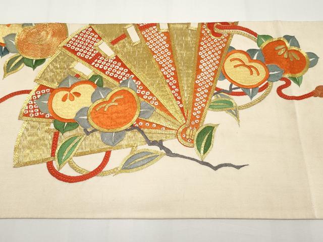 平和屋着物●アンティーク　大正ロマン　爪掻き本綴れ　丸帯　総刺繍　駒刺繍　檜扇橘文　金糸　正絹　逸品　CABF2786tx