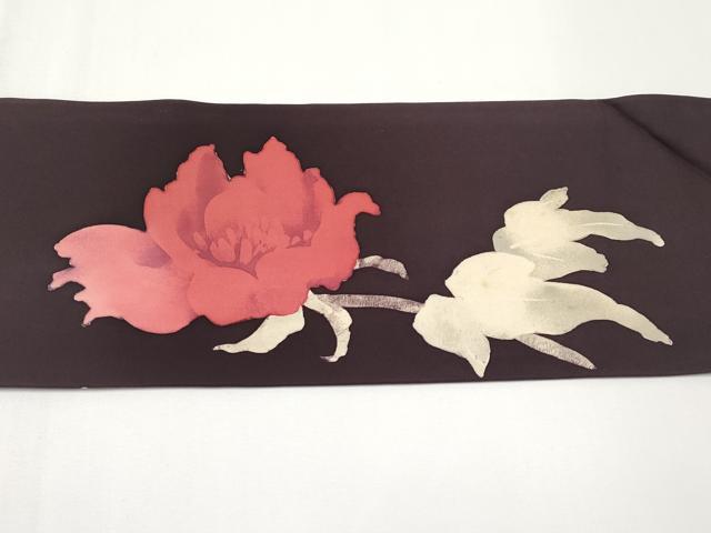 平和屋着物▼塩瀬　九寸名古屋帯　ろうけつ染　牡丹　正絹　逸品　CABF2789tx
