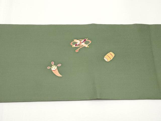 平和屋着物●塩瀬　九寸名古屋帯　駒刺繍　宝尽くし　金彩　正絹　逸品　未使用　CABF2790tx
