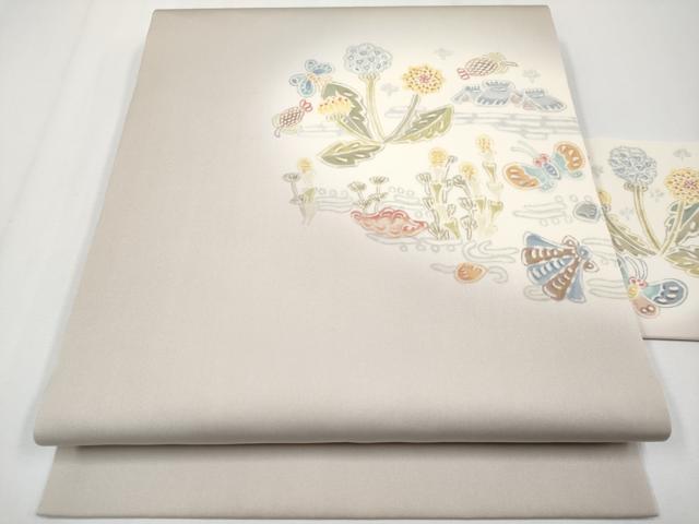 平和屋着物●塩瀬　九寸名古屋帯　花蝶風景文　正絹　逸品　CABF2791tx