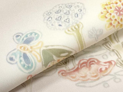 平和屋着物●塩瀬　九寸名古屋帯　花蝶風景文　正絹　逸品　CABF2791tx