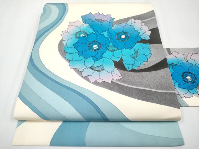 平和屋着物●塩瀬　九寸名古屋帯　作家物　手描き　流水花文　金彩　正絹　逸品　CABF2792tx