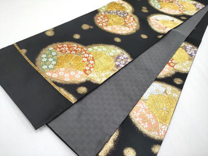 平和屋着物●西陣　高島織物謹製　六通柄袋帯　唐織　七宝花文　黒地　金糸　証紙付き　未使用　CABF2799tx