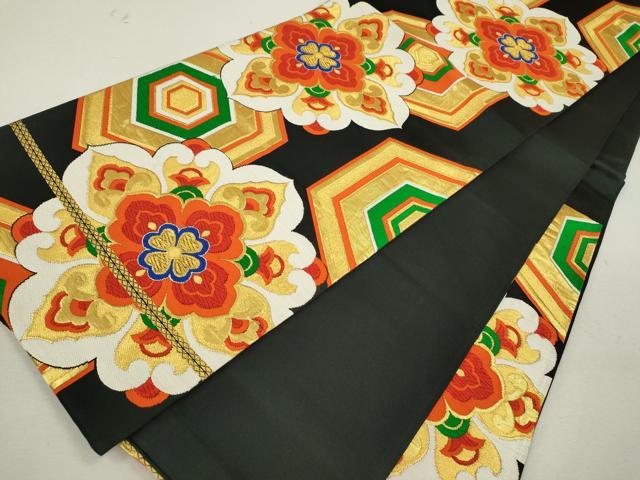 平和屋着物◎六通柄袋帯　唐織　正倉院亀甲花文　黒地　金糸　正絹　逸品　CABF2801ze