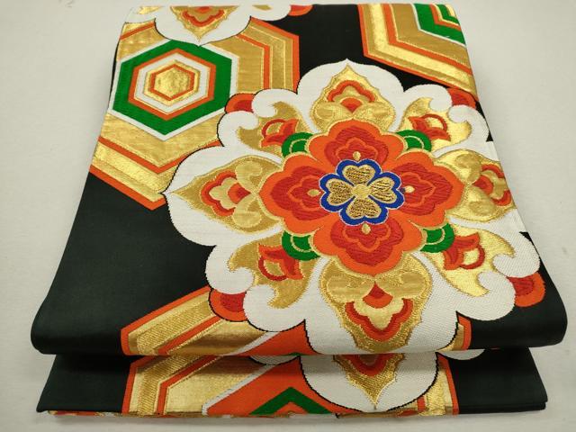 平和屋着物◎六通柄袋帯　唐織　正倉院亀甲花文　黒地　金糸　正絹　逸品　CABF2801ze