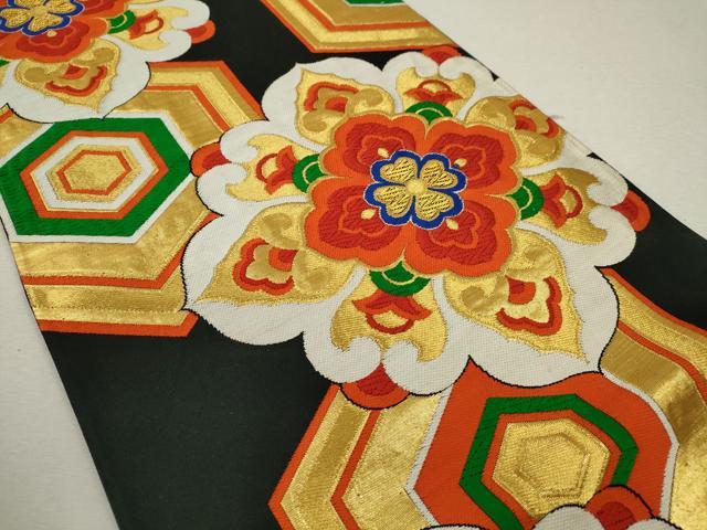 平和屋着物◎六通柄袋帯　唐織　正倉院亀甲花文　黒地　金糸　正絹　逸品　CABF2801ze