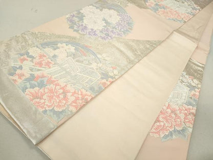 平和屋着物◎六通柄袋帯 唐織 御所車草花丸文 銀糸 正絹 逸品 CABF2803ze